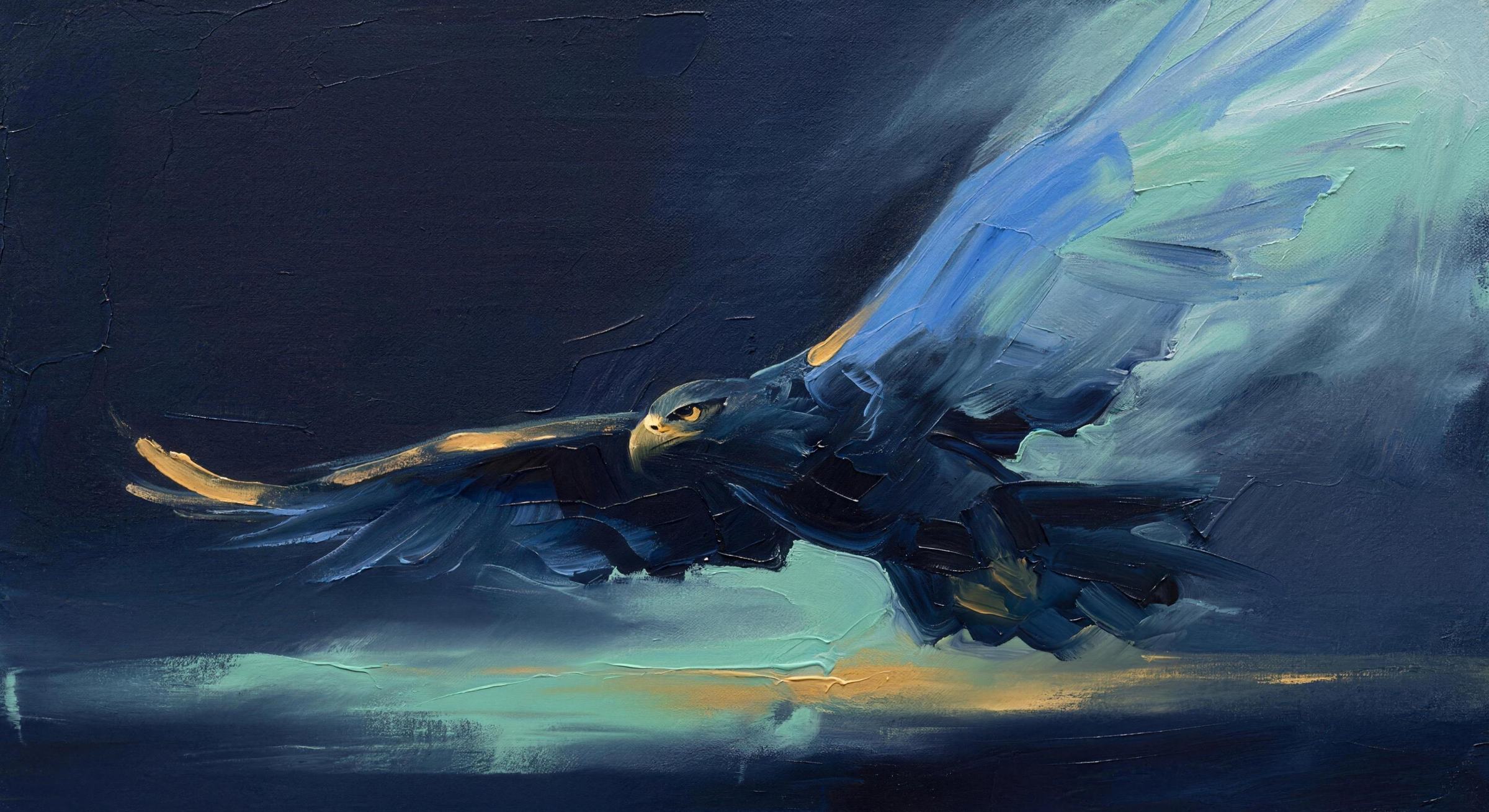 An abstract oil painting of an eagle climbing through deep midnight blue toward a break of aqua and gold light, its head level and its gaze steady.
